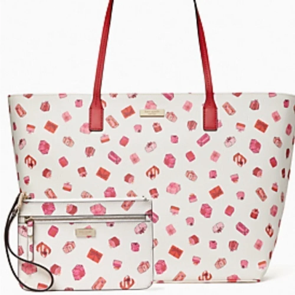Kate Spade Red and Pink Gift Pattern Tote with Wristlet